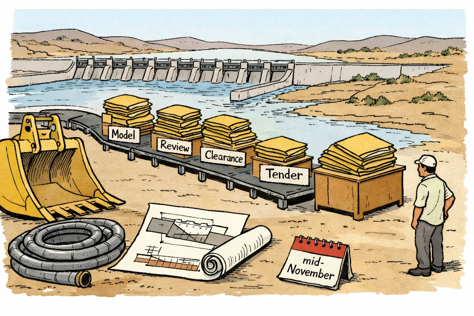 A shovel and rehabilitation materials wait beside a Kaleshwaram-style barrage while oversized approval folders move through a long line of desks.
