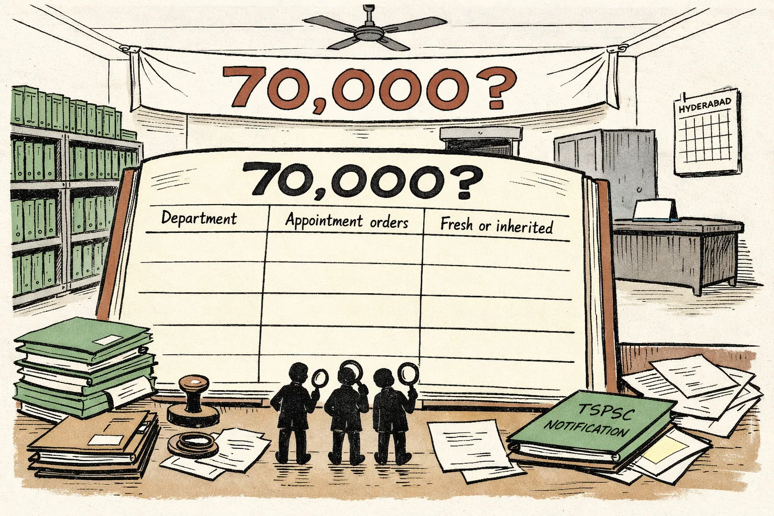A huge Telangana government jobs ledger lies open on a desk, with blank department columns and appointment-order folders spilling from one side while a large number reading “70,000?” hangs above it like a billboardsized claim.