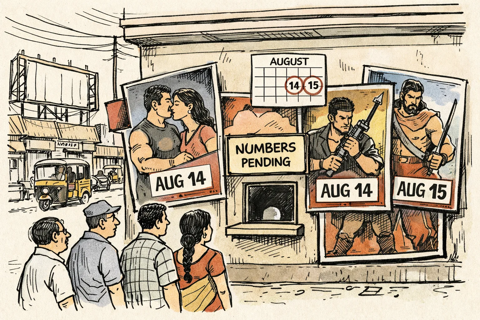 A Hyderabad cinema street with four oversized film posters crowded around one narrow ticket window, while a small calendar shows August 14 and 15.