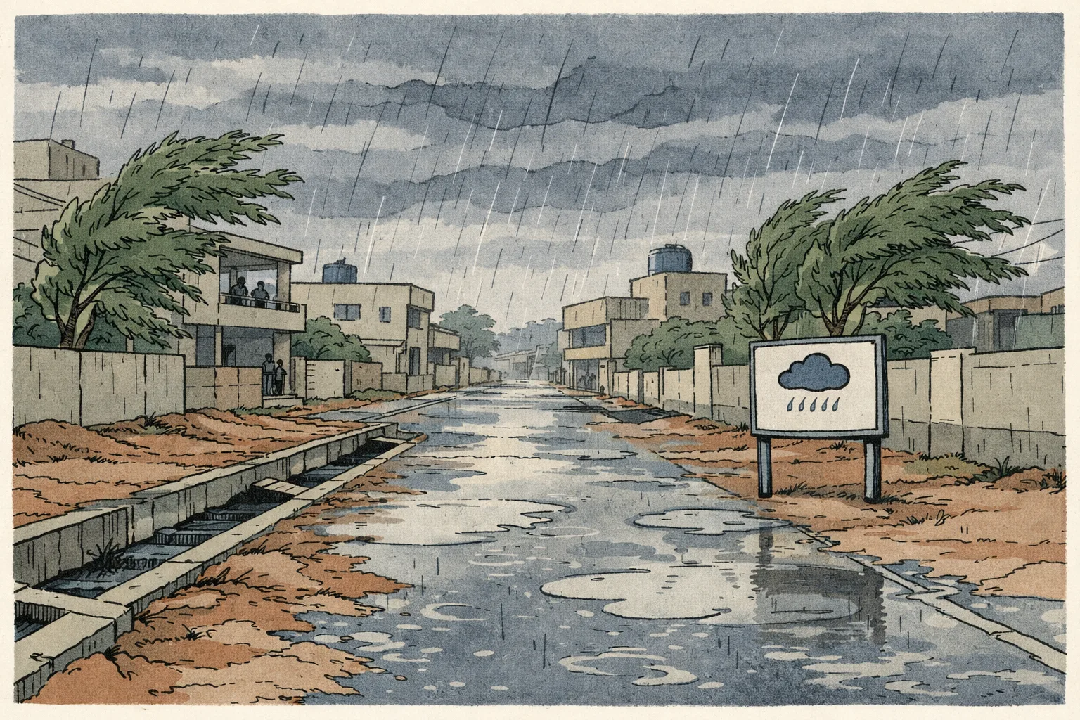 Dark rain clouds over a Telangana town, with sheets of rain, swaying trees and a quiet road marked by puddles; a small weather-warning board stands in the foreground.
