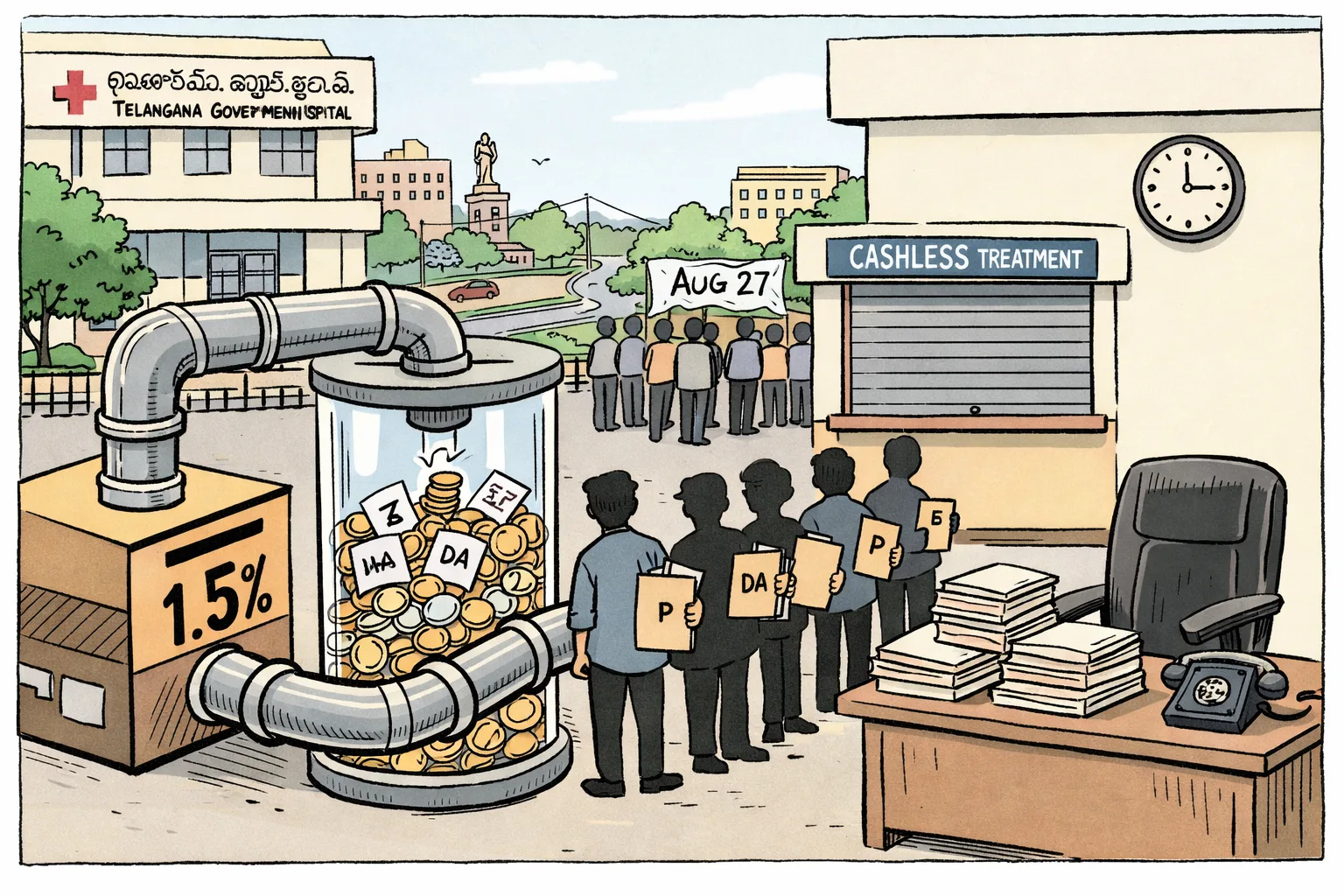 A government office pipe marked 1.5% fills with coins while its other end stops at a locked hospital cashless-treatment counter; employees queue with files near an August 27 protest banner.