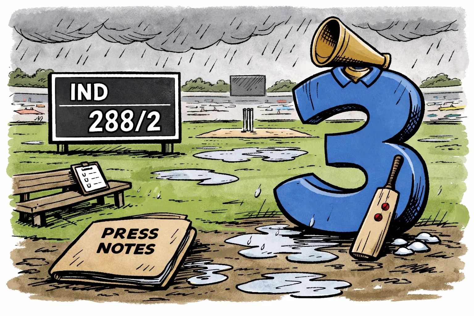 A cricket scoreboard in Galle shows India on 288 for 2 while a large number three bats beside it turns into a loud brass megaphone; rain clouds hang over the ground and a small unused press-note folder lies in the mud.