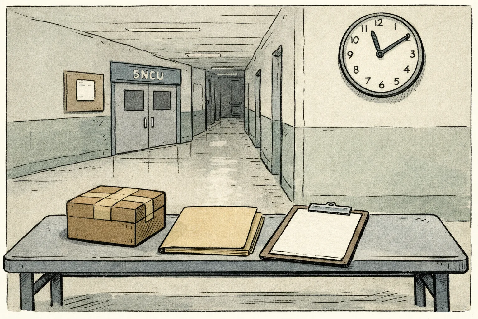 A quiet hospital corridor with a closed SNCU door, a sealed evidence box, and an empty file folder on a metal bench beneath a wall clock.