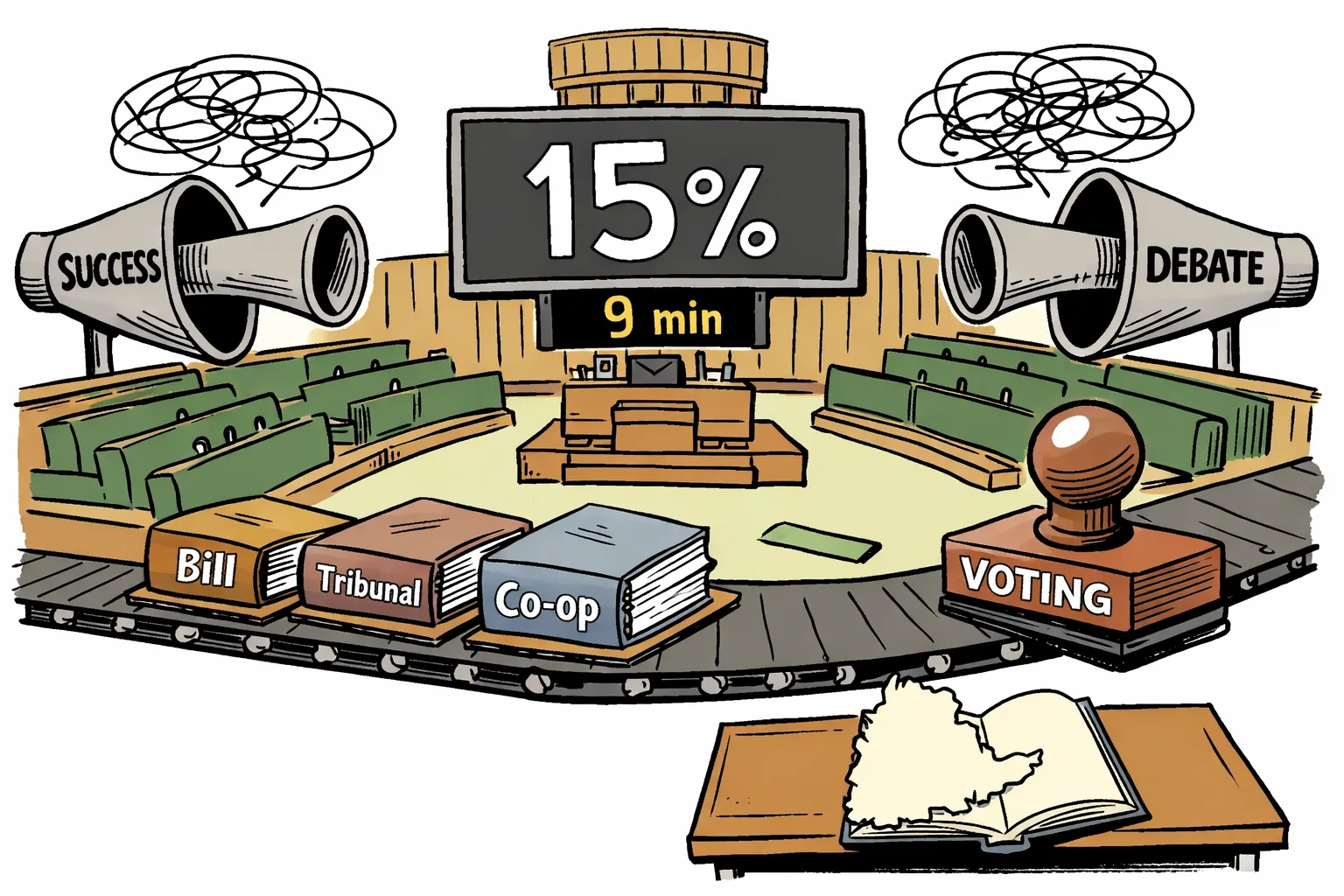 A cartoon Parliament chamber shows a giant 15% scoreboard and a nine-minute timer while law files move on a conveyor belt past silent microphones and empty debate benches.