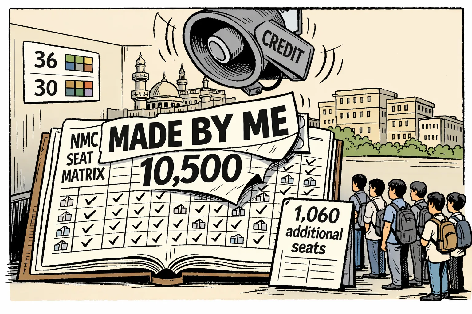 An oversized NMC seat-matrix ledger marked 10,500 sits outside Telangana medical-college buildings while a loudspeaker labelled CREDIT tries to paste MADE BY ME across its pages.