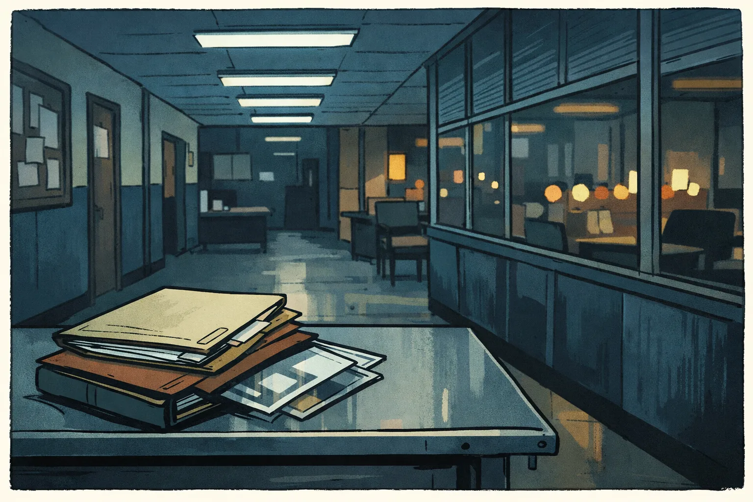 A dim police-station corridor with a case file on a metal desk and blurred city lights beyond.