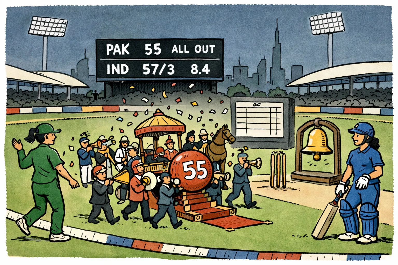 A cartoon cricket stadium shows a grand send-off for a ball marked 55 while another scoreboard records India finishing on 57 for three in 8.4 overs.