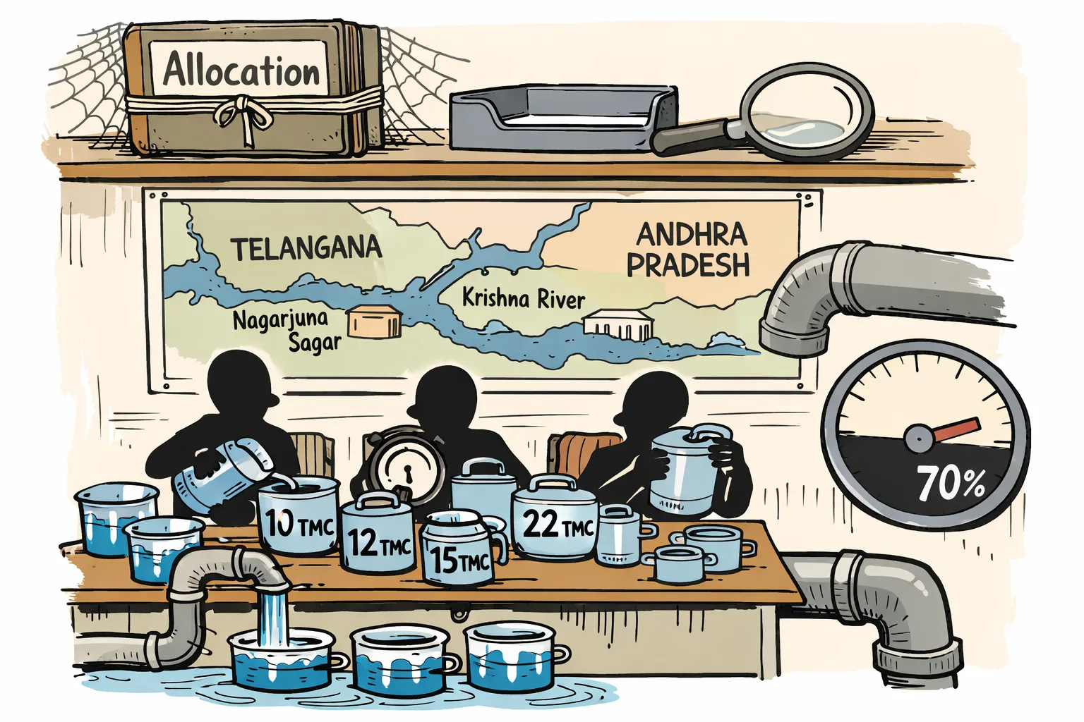 A Telangana water-control room shows a Krishna River tap feeding two measuring tanks marked Nagarjuna Sagar and Srisailam, while a large sealed file marked Allocation sits on a high shelf and a committee table handles smaller water cans below.