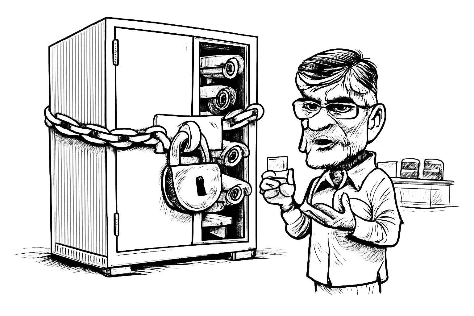 Chandrababu Naidu holds a tiny report beside an enormous locked CCTV cupboard while cameras record inside it and an empty Supreme Court bench sits in the background.