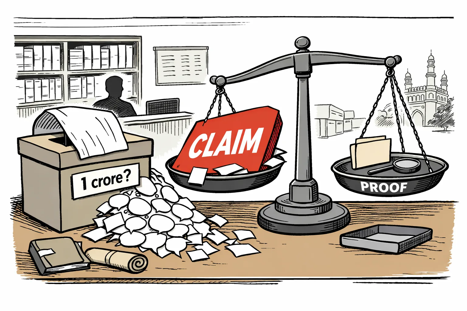 A giant paper marked “CLAIM” outweighs a nearly empty evidence pan containing a blank file, while a Telangana election-office desk holds blank forms and an oversized ballot box marked “1 crore?”
