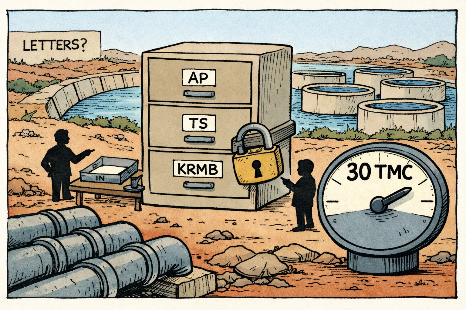 A Telangana reservoir system is shown behind a large locked file cabinet marked with small labels for AP, Telangana and KRMB; in front, two unidentifiable office figures point at an empty evidence tray while pipes from several reservoirs feed into a disputed measuring gauge marked 30 TMC.