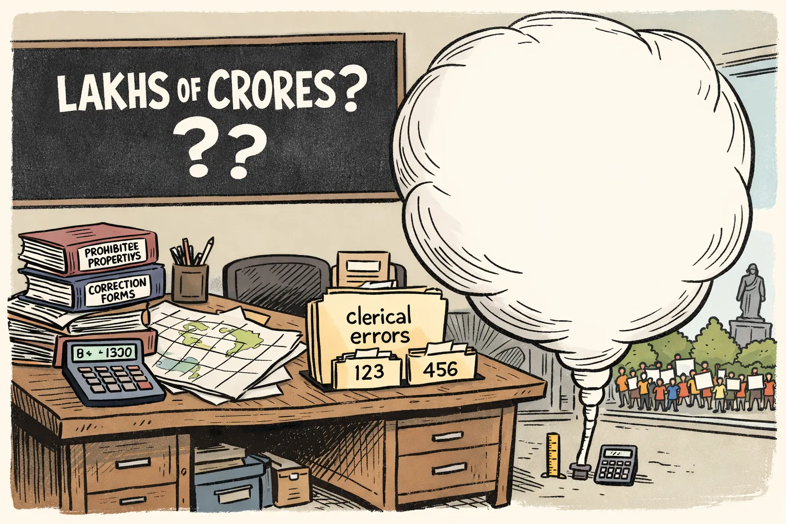 A Telangana government office desk holds land records, correction files and a calculator beneath a blackboard reading “LAKHS OF CRORES?”. An oversized protest speech balloon towers over the small evidence file, while a distant crowd gathers near trees outside.