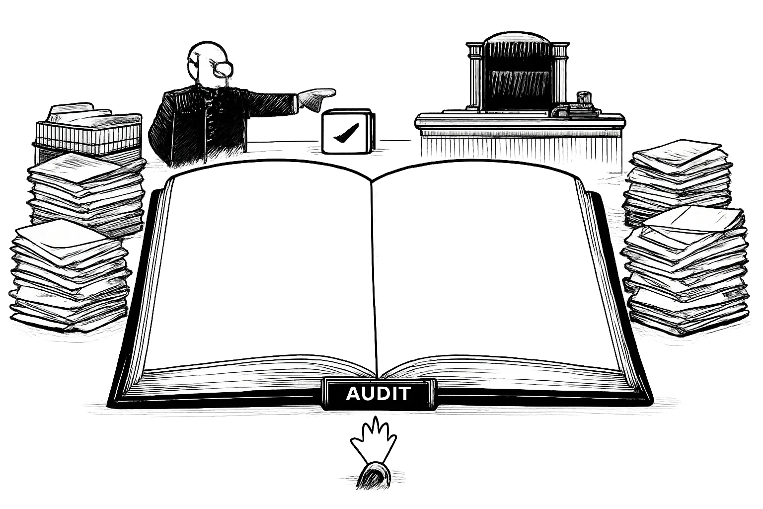 An enormous blank audit ledger sits between disconnected stacks of electoral-roll papers, while an election official points toward a small folder and a citizen reaches for the empty book.