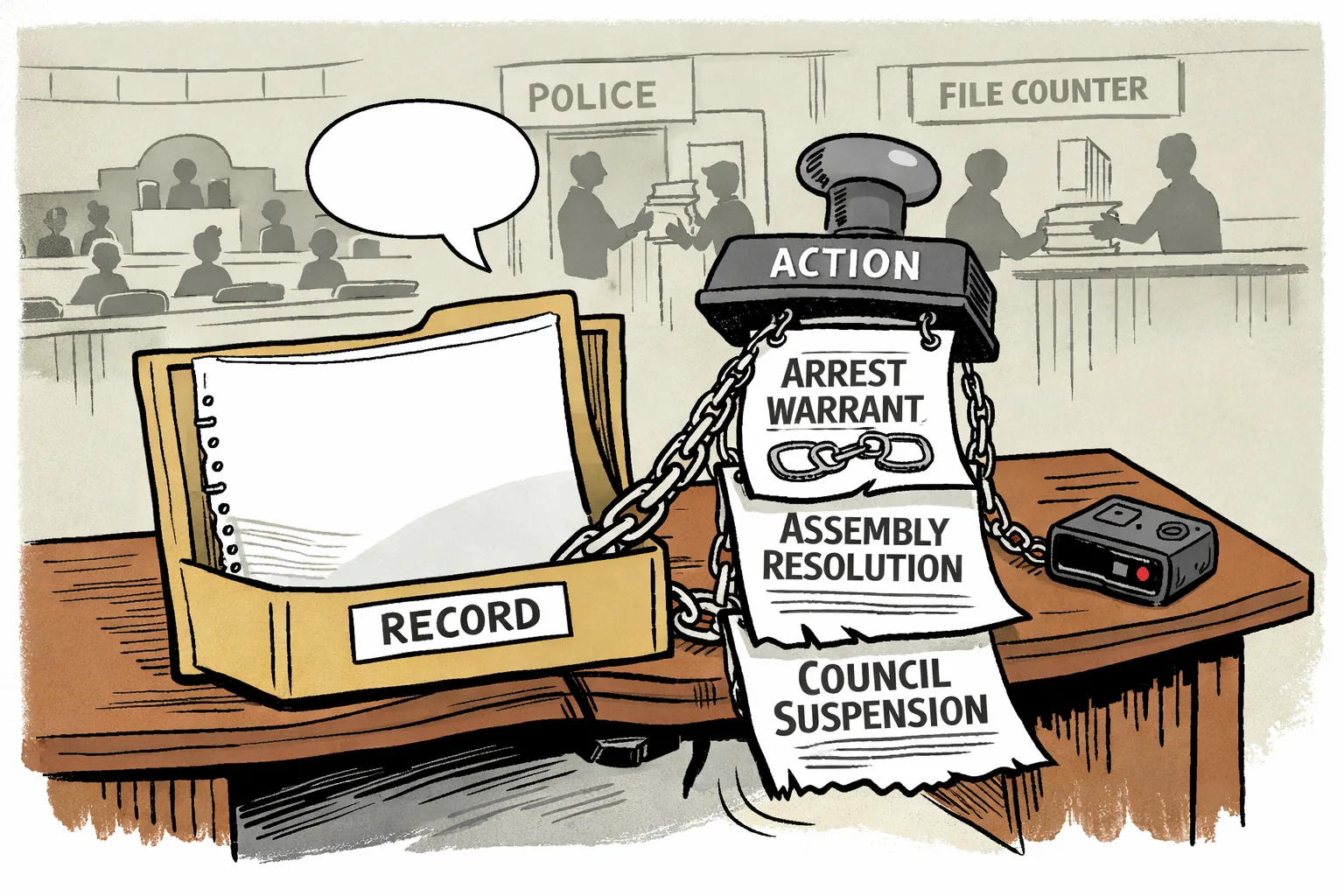 An empty evidence folder and silent audio recorder sit beneath a heavy chain of arrest, Assembly resolution and Council suspension papers in a Telangana government-office setting.