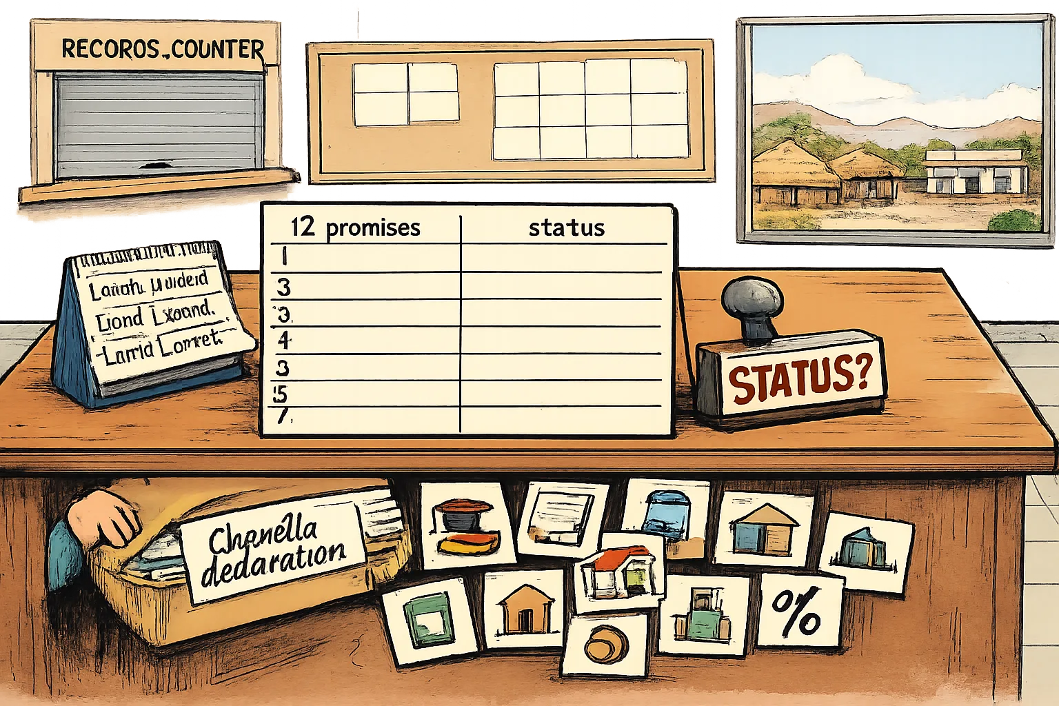 A blank 12-row scorecard sits on an office desk beside a status stamp, while a file labelled Chevella declaration is pushed underneath it and promise cards lie scattered across the floor.