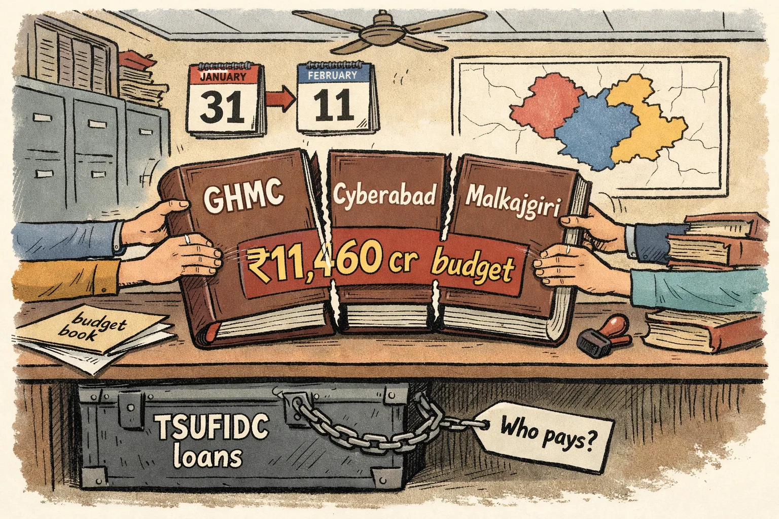 In a Hyderabad municipal records room, a ₹11,460 crore budget ledger is being pulled into three books marked GHMC, Cyberabad and Malkajgiri, while a chained TSUFIDC loans trunk remains underneath the desk with a blank liability tag.