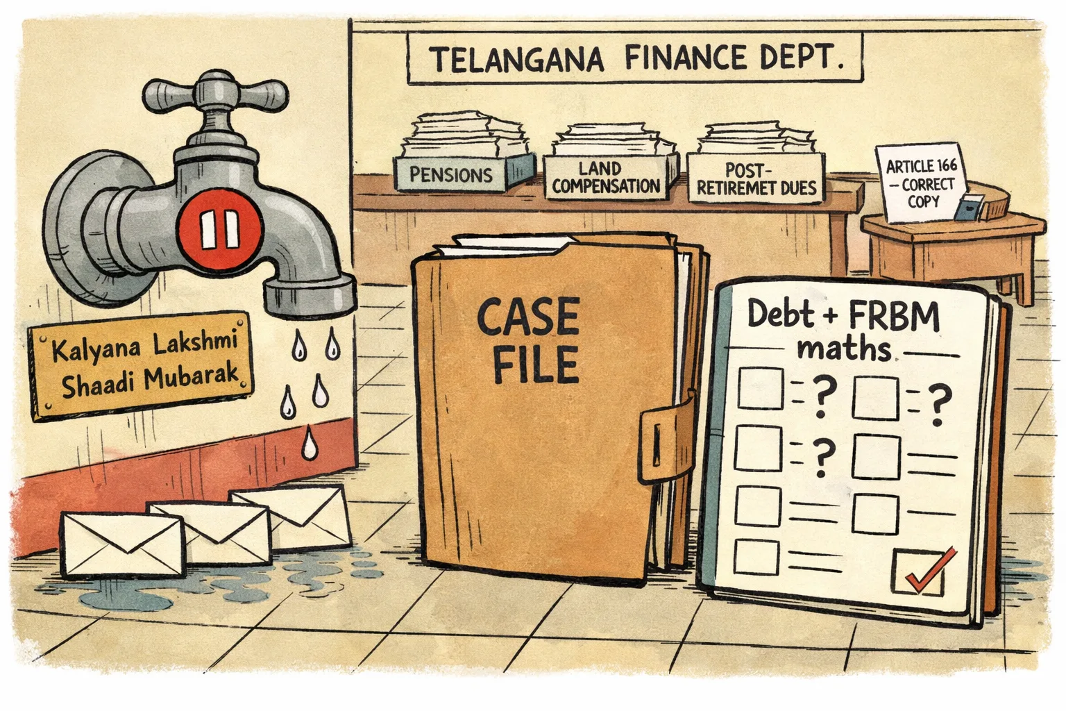 A locked welfare tap labelled Kalyana Lakshmi and Shaadi Mubarak stands beside an oversized debt and FRBM calculation file, while trays of pension, land-compensation and post-retirement files wait in a government office.