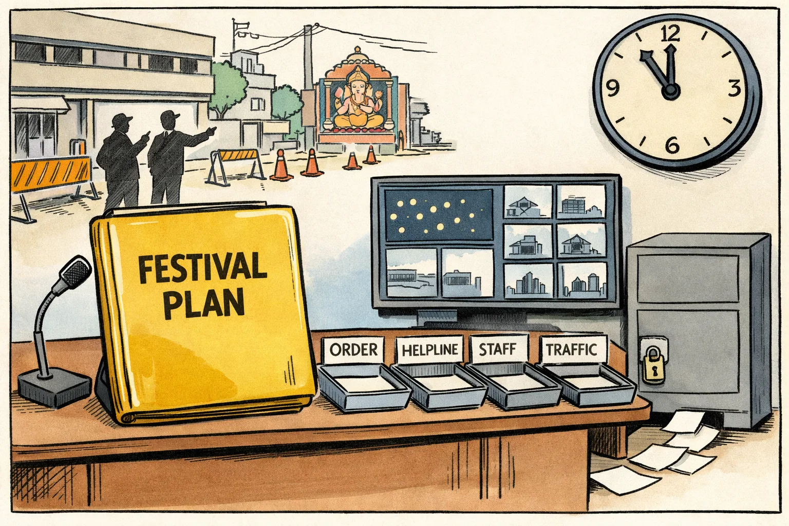 A giant festival-plan folder sits on a government desk beside empty trays labelled for orders, staff and a helpline, with a Hyderabad command centre and a festival pandal in the background.