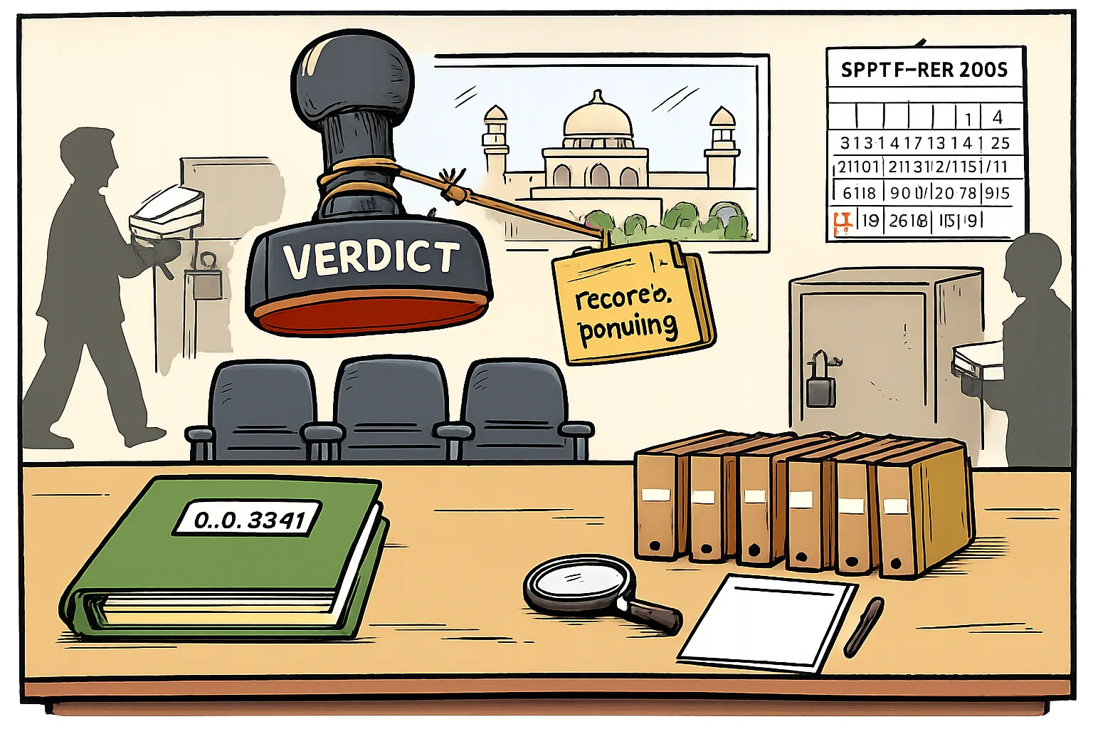 A Telangana government office cartoon shows a verdict stamp hovering over a file marked G.O. 134 while a folder marked records pending holds it back; empty inquiry chairs and unopened files sit nearby.