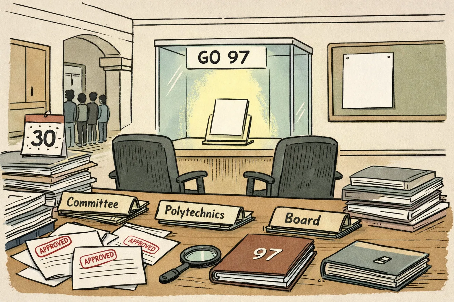 An empty glass display case labelled GO 97 stands on a table surrounded by committee files, a 30-day calendar and a magnifying glass, while students wait near an empty public noticeboard in a Telangana government office.