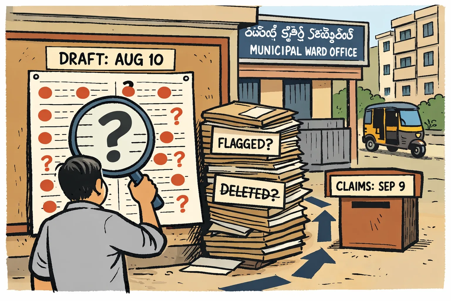 A Telangana voter stands at a ward noticeboard holding a magnifying glass over a large draft electoral roll, while a long file marked with question marks sits beside a locked verification desk.