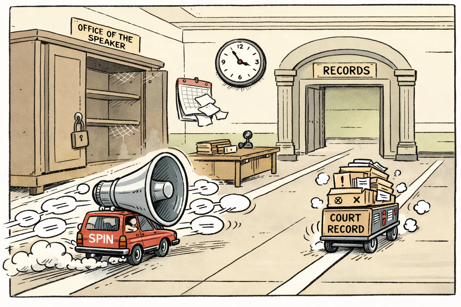 A loudspeaker vehicle labelled “SPIN” races ahead of a tiny overloaded trolley labelled “COURT RECORD” in a Telangana government-office corridor, while an open records cupboard and a courthouse doorway sit behind them.
