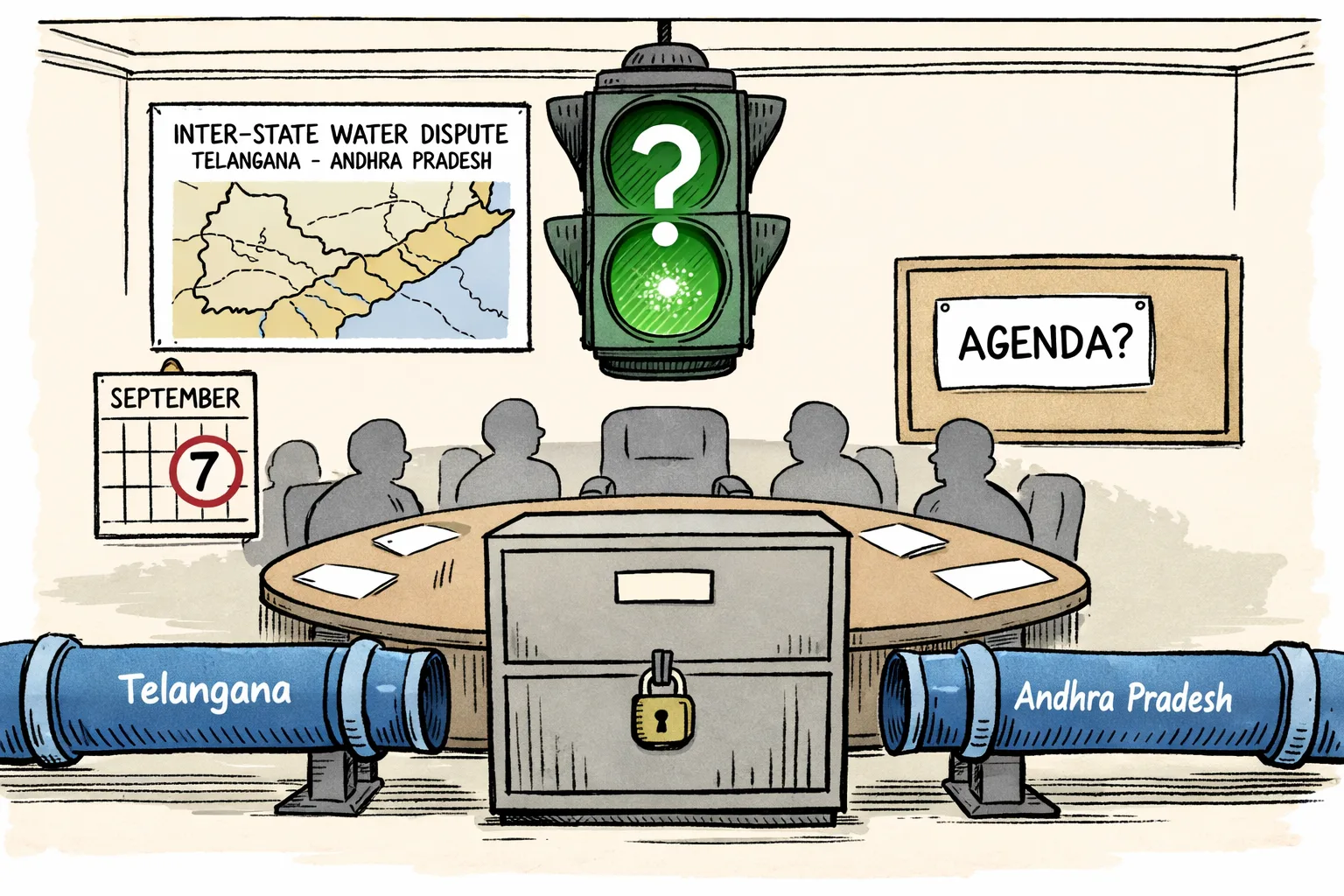A giant green traffic light with a question mark hangs over a locked file cabinet while two labelled water pipes wait below it; a calendar marks September 7 and a notice board reads “AGENDA?”.