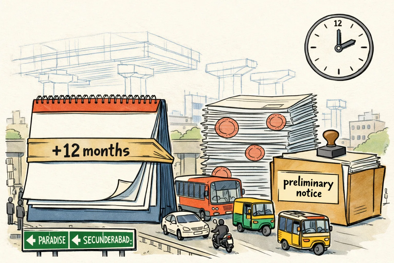 At Hyderabad’s Paradise Junction, a giant calendar marked “+12 months” and piles of stamped files tower over an unfinished flyover blueprint, while traffic waits below.