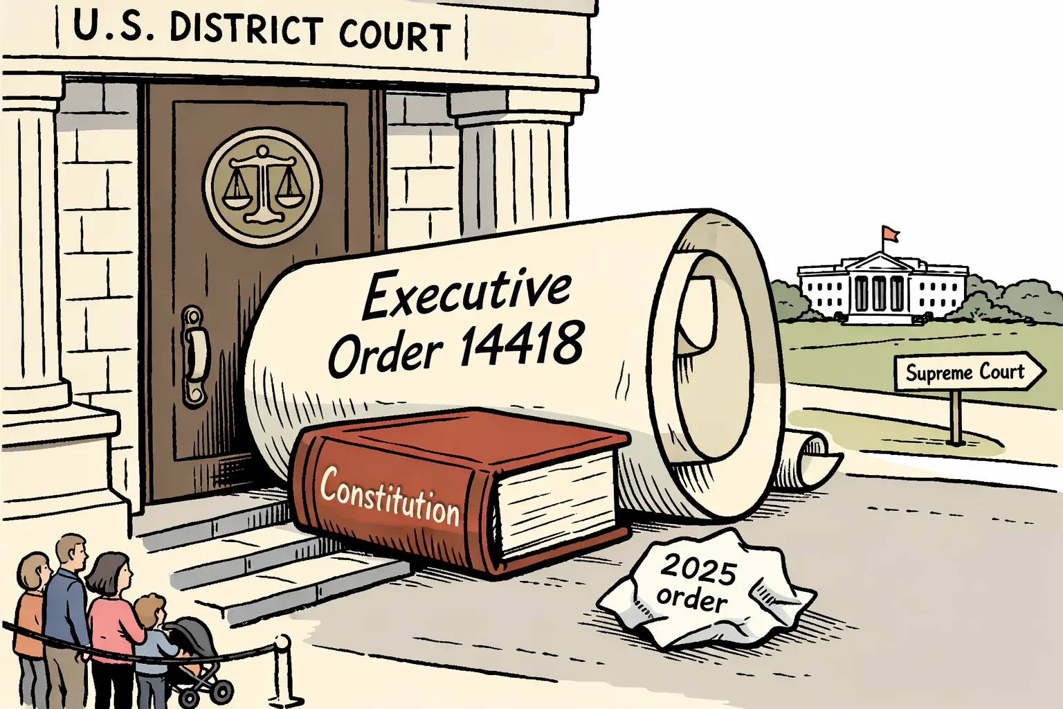 An oversized executive-order scroll is stopped by a Constitution book at the entrance to a U.S. federal courthouse, while a second crumpled order lies nearby and a small family group watches from behind a line.