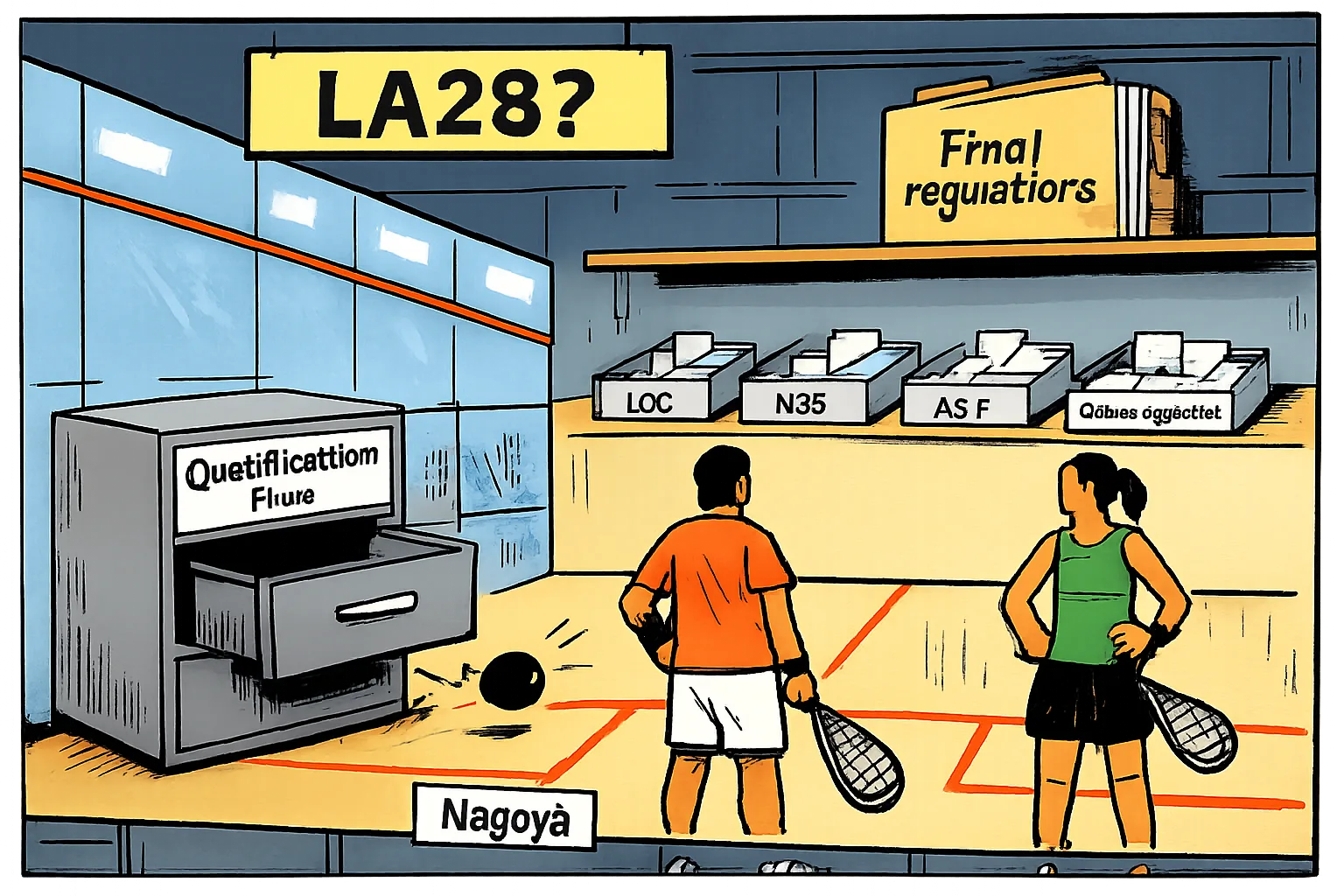 Two anonymous squash finalists stand ready on either side of a court while an empty filing cabinet marked qualification rule sits beside vacant sports-organisation trays and a folder remains on a high shelf.