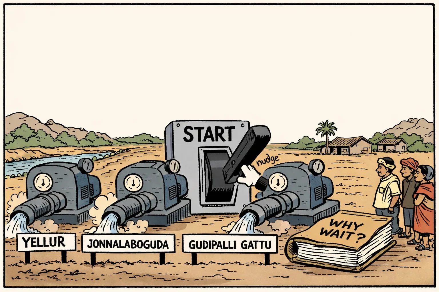 Three large irrigation pump stations labelled Yellur, Jonnalaboguda and Gudipalli Gattu stand beside a dry Telangana field, while a tiny hand marked 'nudge' presses a starter switch connected to them; an unanswered file lies on the ground.