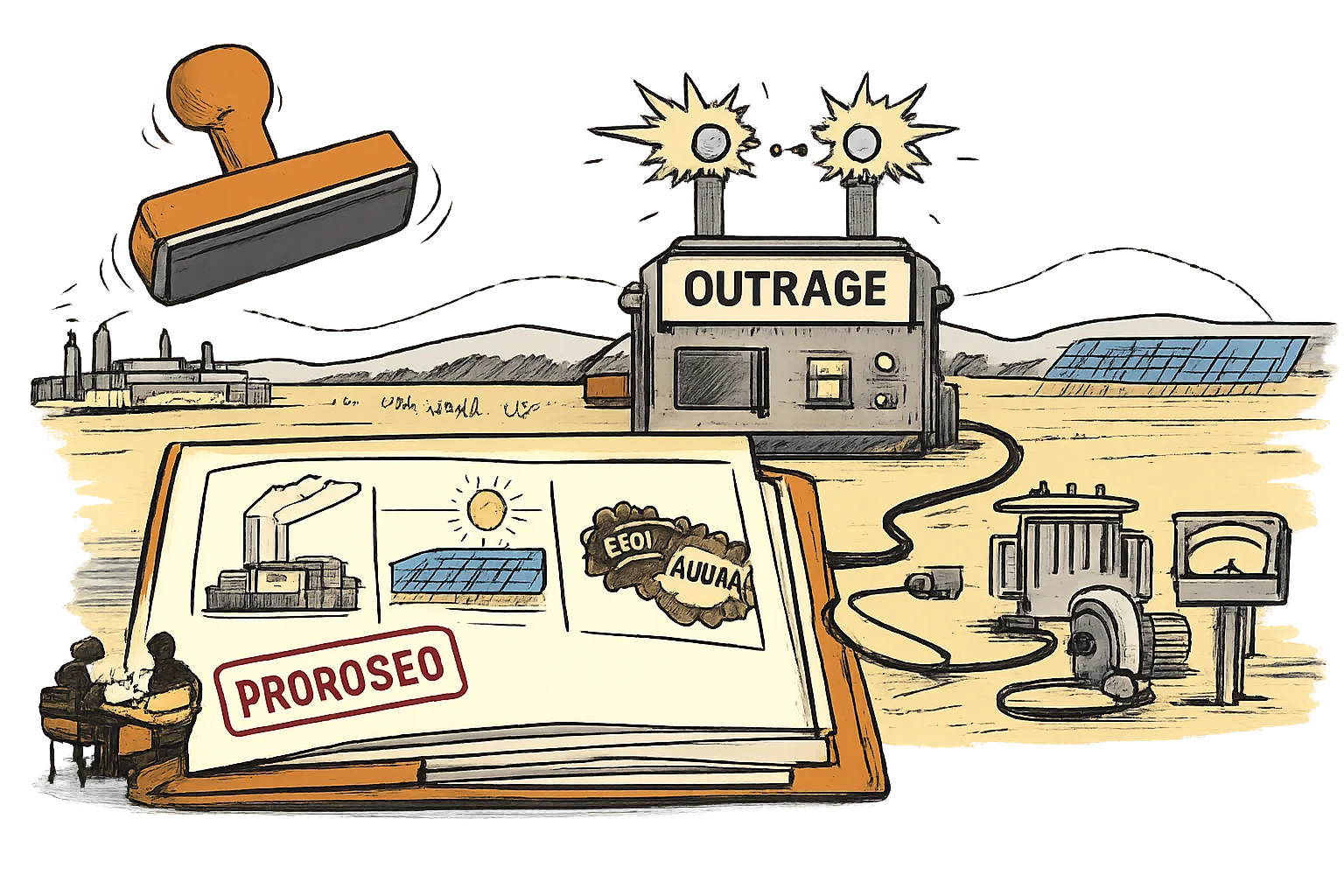 An official file marked “PROPOSED” sits beside a Telangana farm transformer while a separate machine labelled “OUTRAGE” throws sparks from the paperwork.