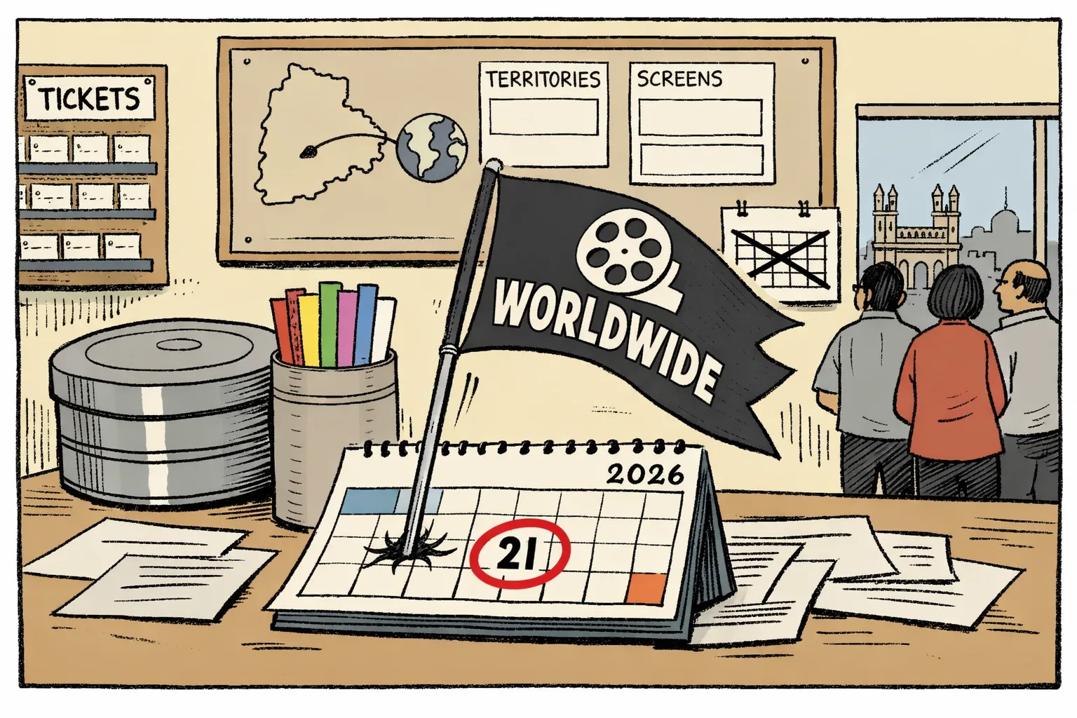 A cinema release calendar shows August 21 circled in bright ink, while a large rolled film poster labelled with eight language strips rests beside an empty distribution map and unopened theatre ticket racks.