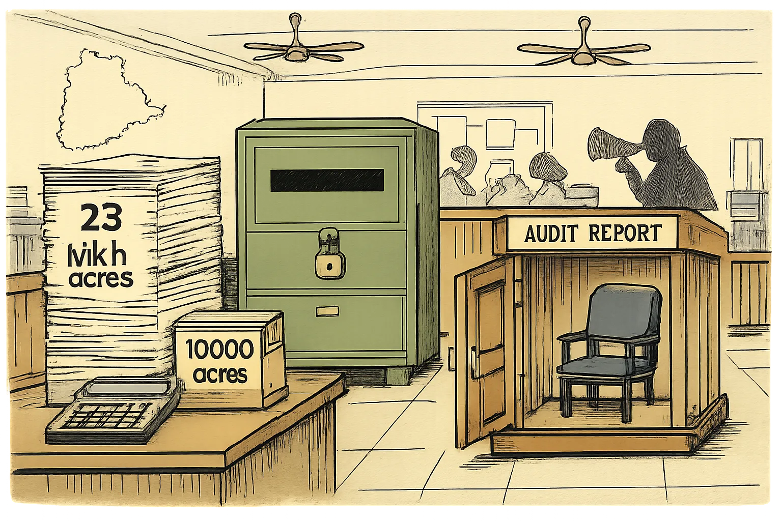 An empty witness box labelled audit report stands in a Telangana government office, surrounded by conflicting acreage files, a calculator and officials’ papers.