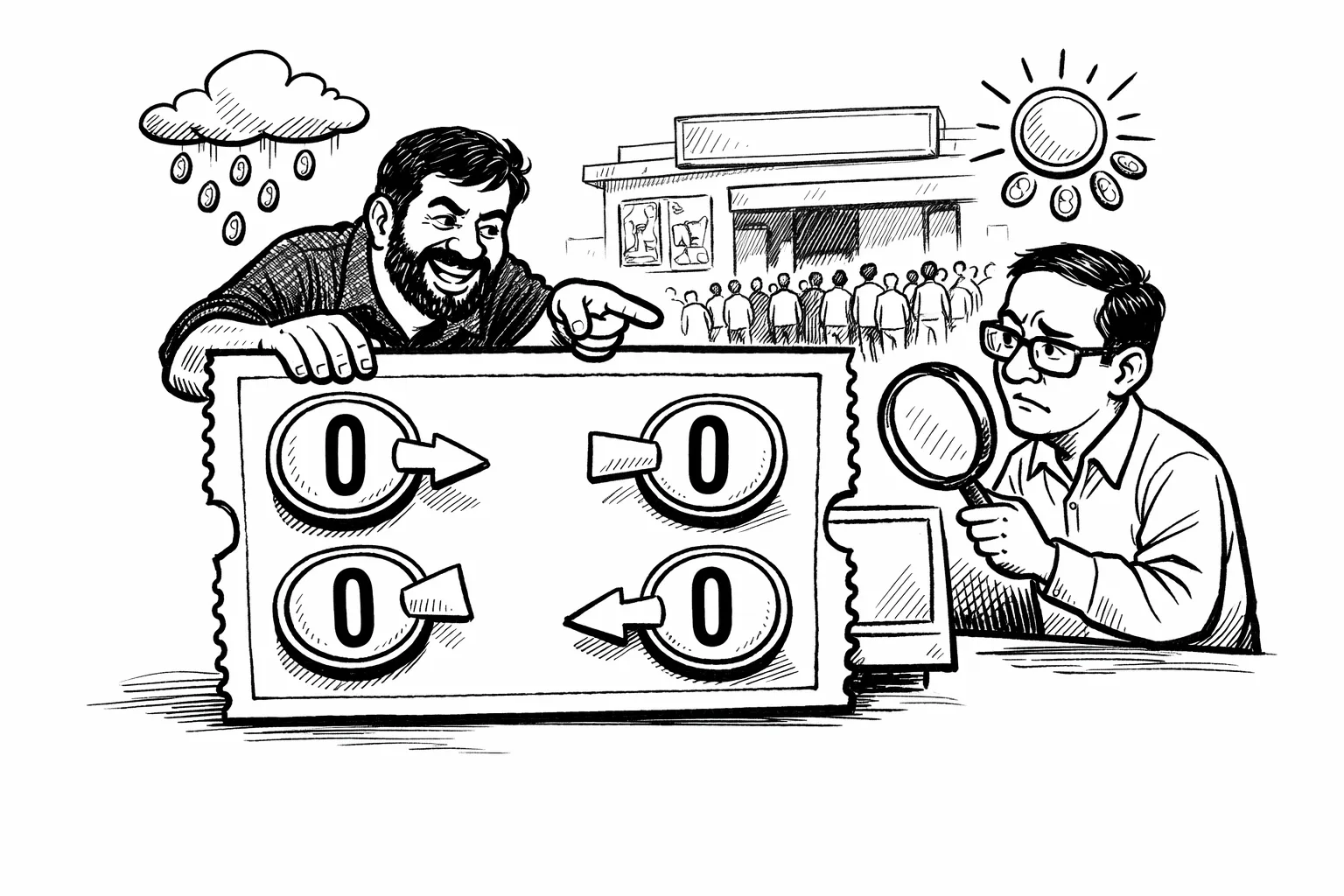 A large cinema receipt is drawn like a weather chart with four conflicting dials, while a director points at it and a trade analyst examines a blank audit stamp; a Telangana single-screen cinema appears in the background.