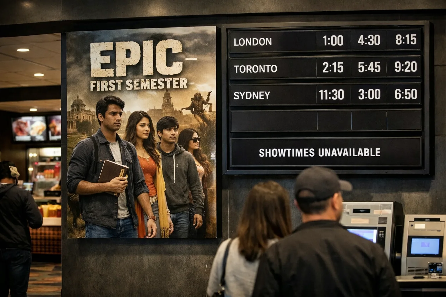 A multiplex foyer with a digital screening schedule and a poster for Epic – First Semester, alongside indistinct cinema patrons and a blank showtime panel.