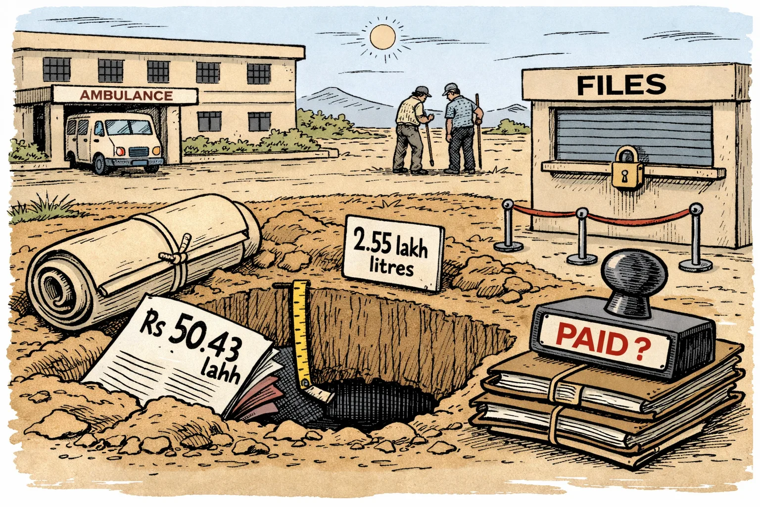 An empty excavation outside a government hospital contains a giant bill and government file instead of a water tank, while generic officials search the ground beside a locked records counter.