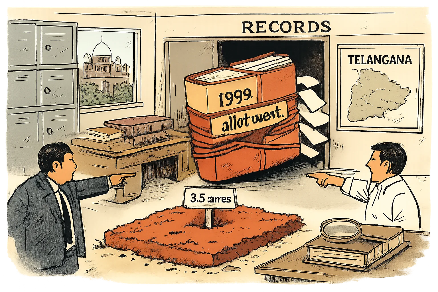A cartoon in a Telangana government records room shows a small plot marked “3.5 acres” being pulled toward a cupboard of missing files, while two unidentifiable officials point in opposite directions and a High Court building is visible outside.