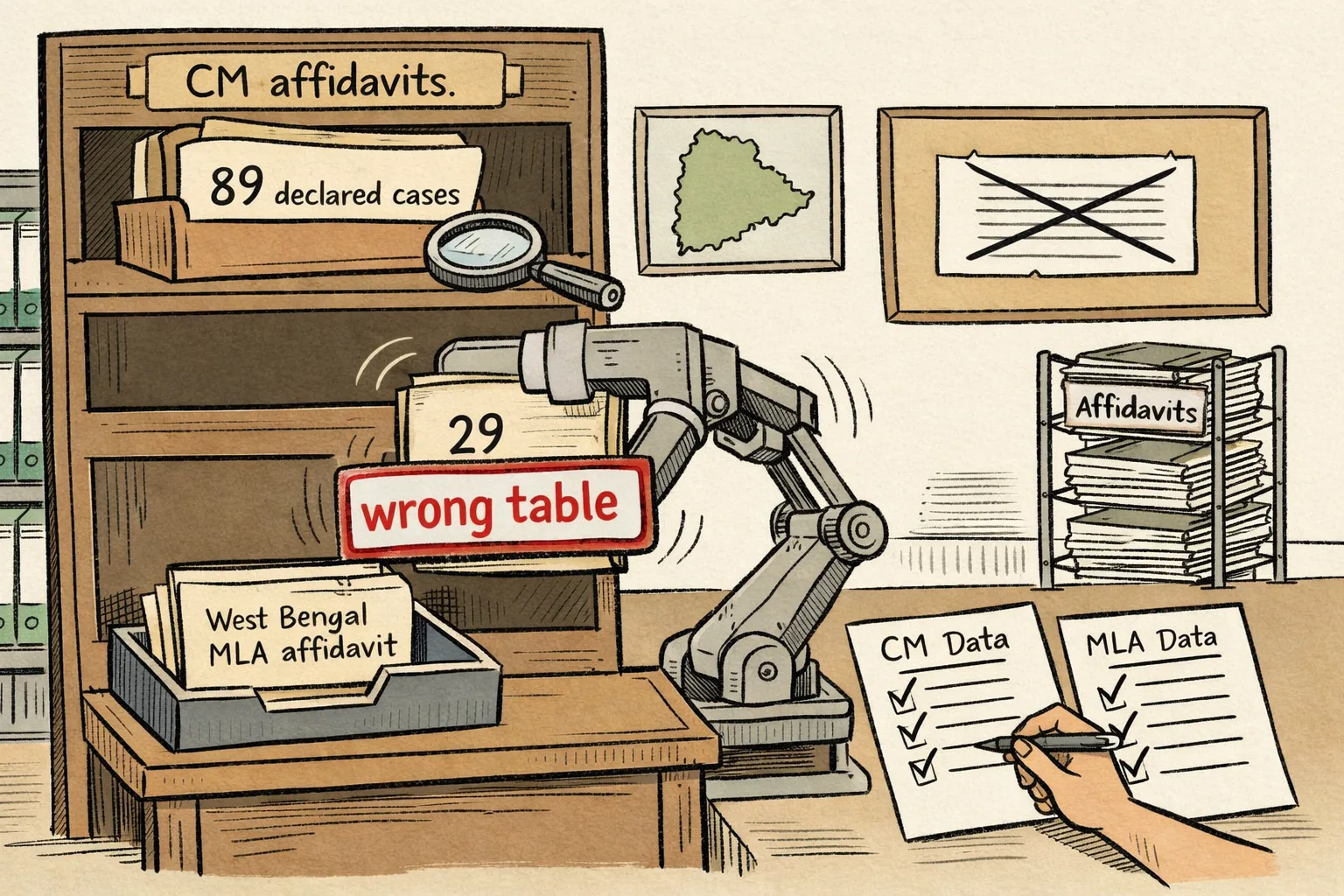 A Telangana government-style ranking board shows a large affidavit file marked 89 at the top, while a smaller West Bengal MLA file marked 29 is being lifted toward a slot labelled CM; a fact-checking magnifying glass points to the mismatch.