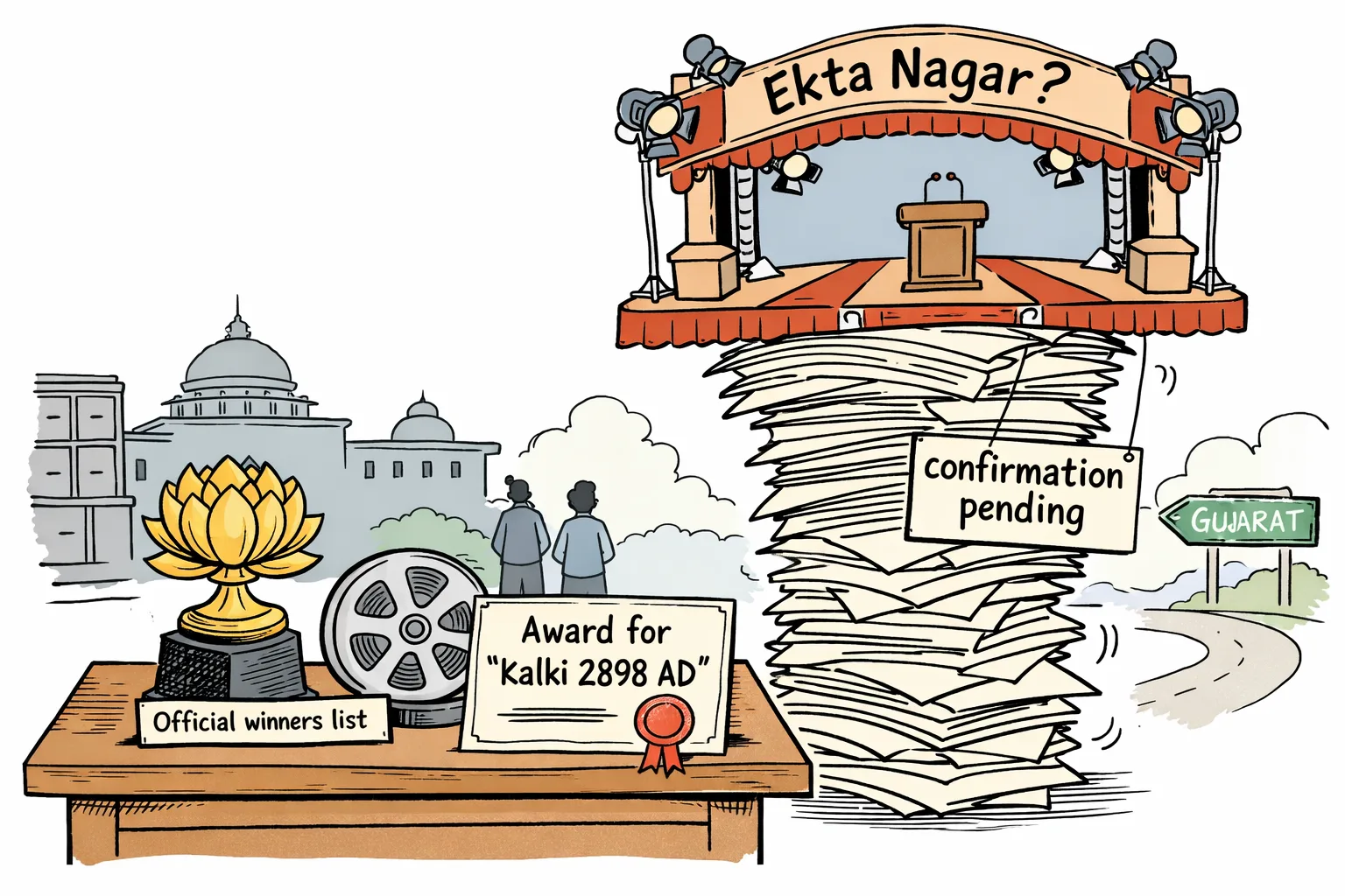 A Swarna Kamal trophy and award certificate rest firmly on an official-looking desk, while a large film ceremony stage labelled with a question mark wobbles on a stack of papers marked as pending confirmation.