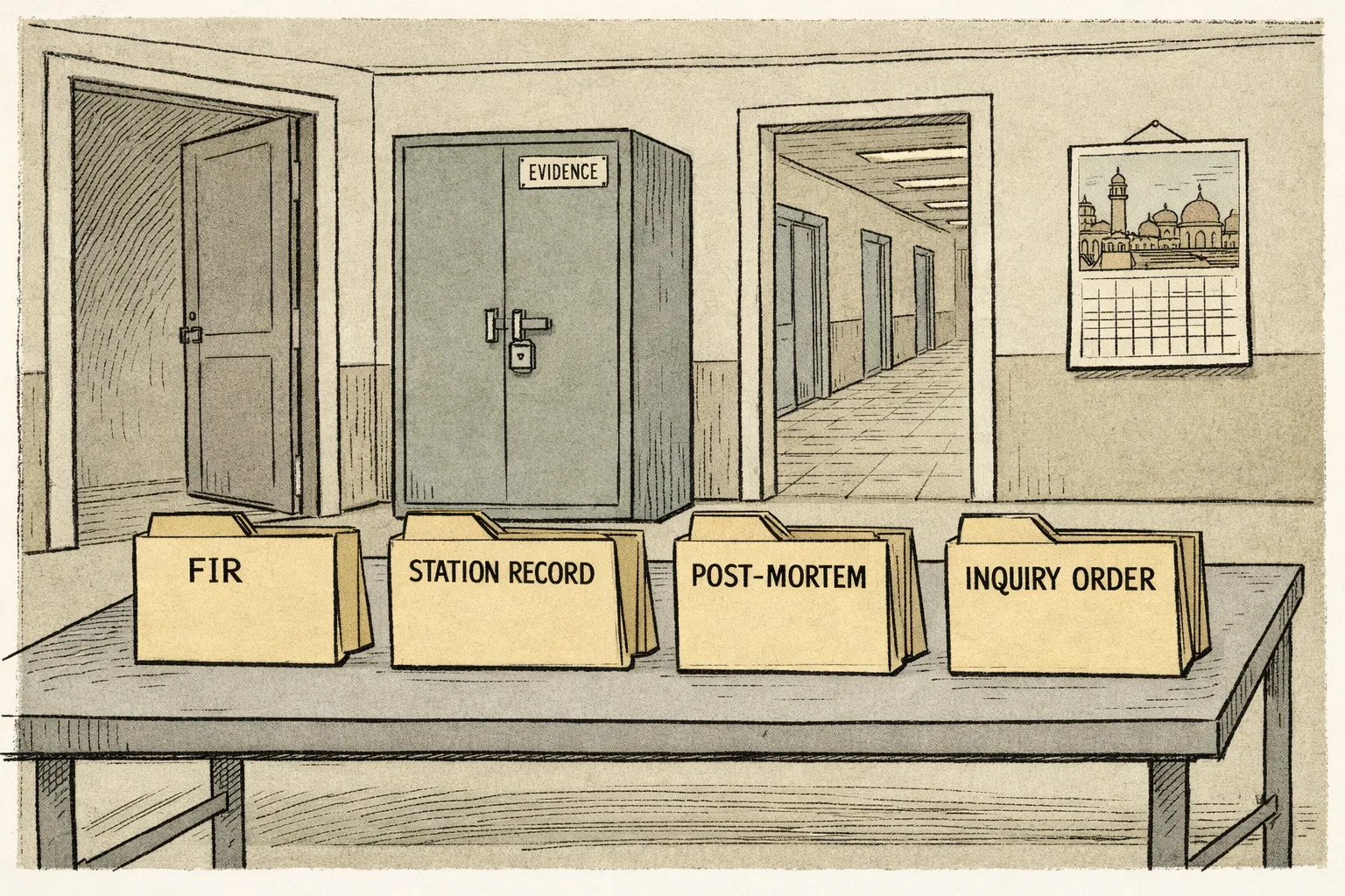 A quiet records room shows four empty folders labelled FIR, station record, post-mortem and inquiry order on a metal table, with a police-station doorway and government-hospital corridor behind them.