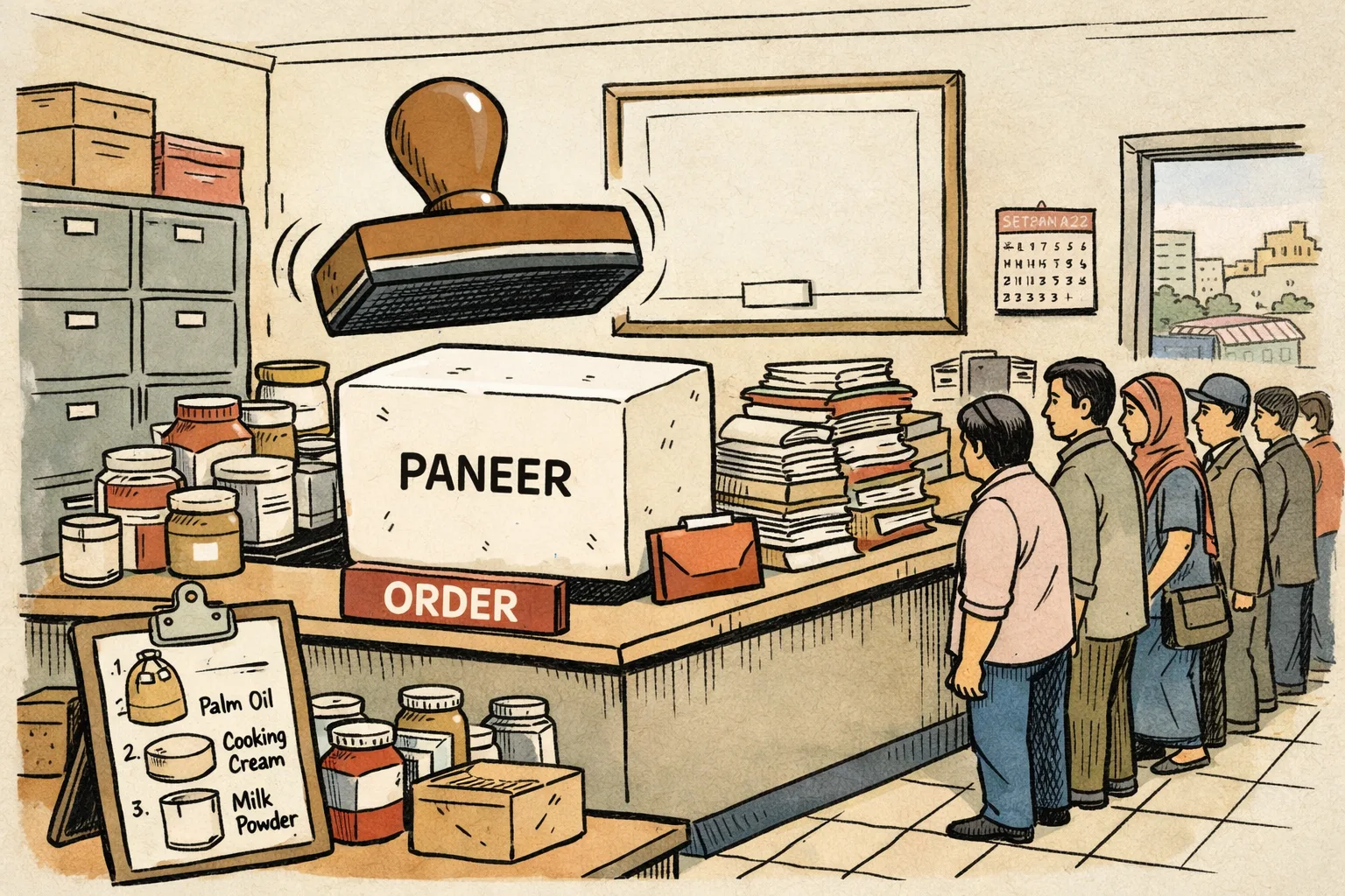 A giant paneer block with an official file sits behind a counter buried under forms and stamps, while a queue waits beside an empty document frame in a Hyderabad government office.
