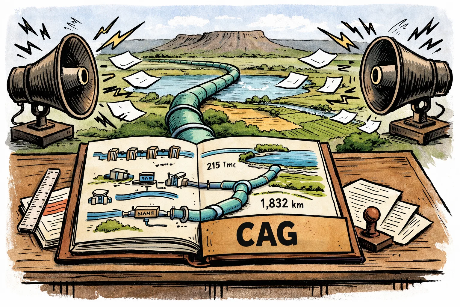 A giant Kaleshwaram project file marked with charts and engineering drawings sits on a Telangana irrigation department desk, while two loudspeakers labelled BJP and Congress point at each other beside it; pipes, canals and water tanks extend into the background.