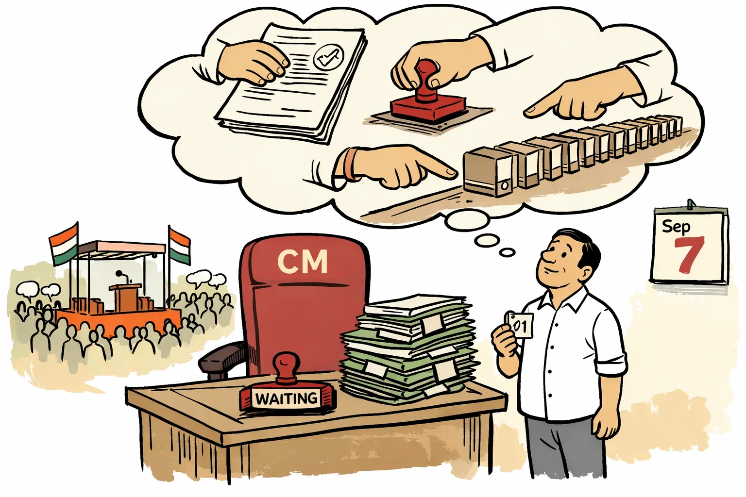 A generic politician waits beside an empty chair marked CM while an enormous celestial office examines a permission form; files and a waiting stamp fill a Telangana event-ground scene.