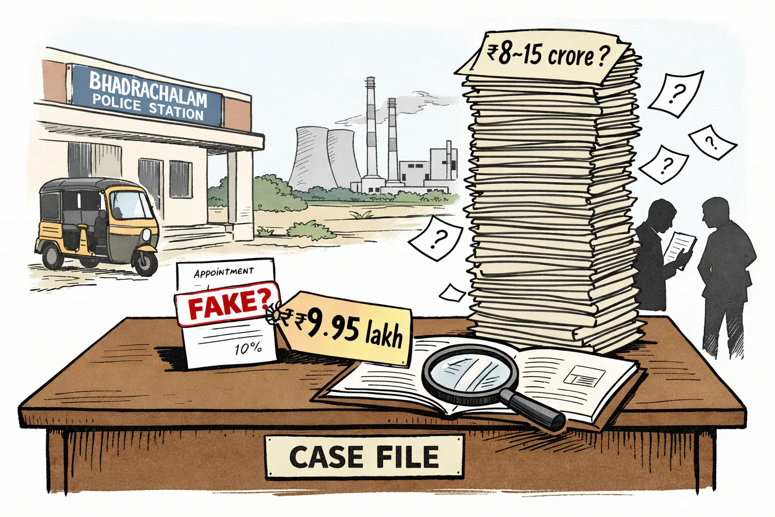 An editorial cartoon outside a Bhadrachalam police station shows a small appointment letter marked ‘FAKE?’ attached to a ₹9.95 lakh price tag, beside a leaning stack of empty folders marked with an uncertain ₹8–15 crore figure.