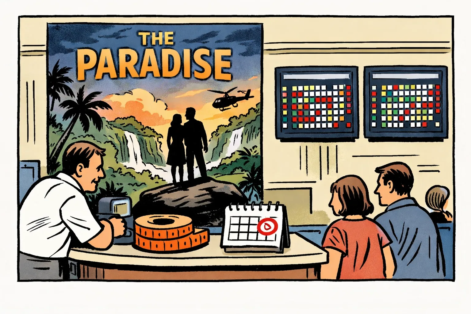 A cinema lobby displays a promotional poster for The Paradise beside ticket-booking screens and a ticket counter.