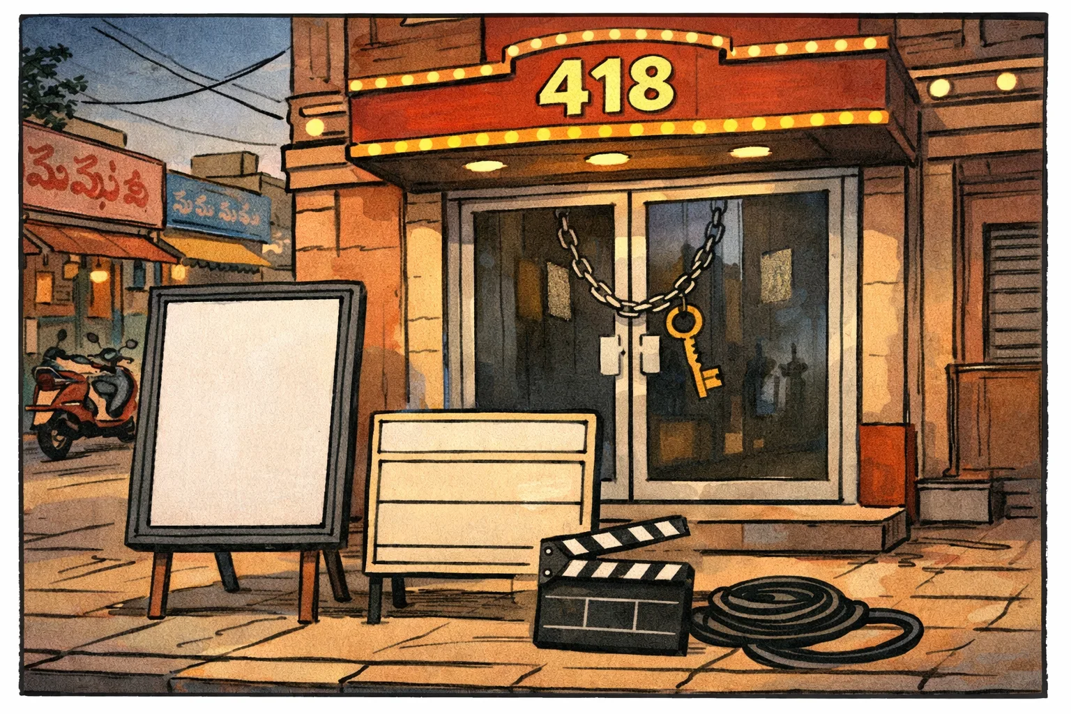 A cinema-theatre entrance styled as a mysterious door marked ‘418’ remains locked, with a dangling key and an empty release-date board outside; film-production objects sit behind the glass.