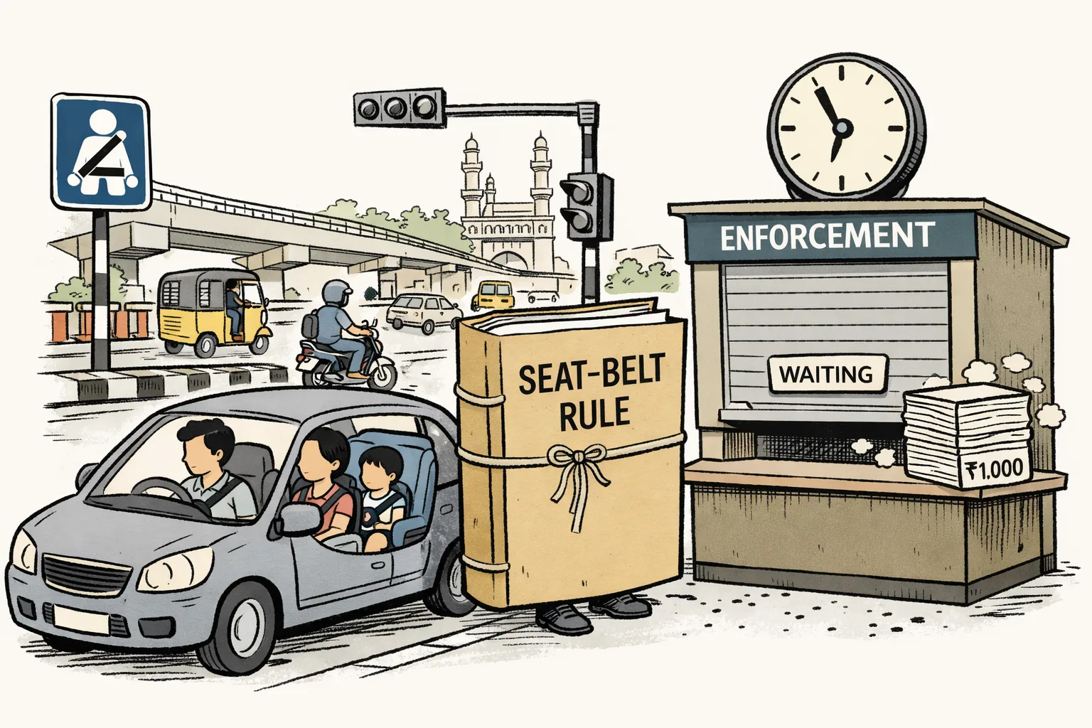 A family car with seat belts fastened waits beside a closed traffic-enforcement booth, while an oversized seat-belt law file stands in a queue with unused fine forms.