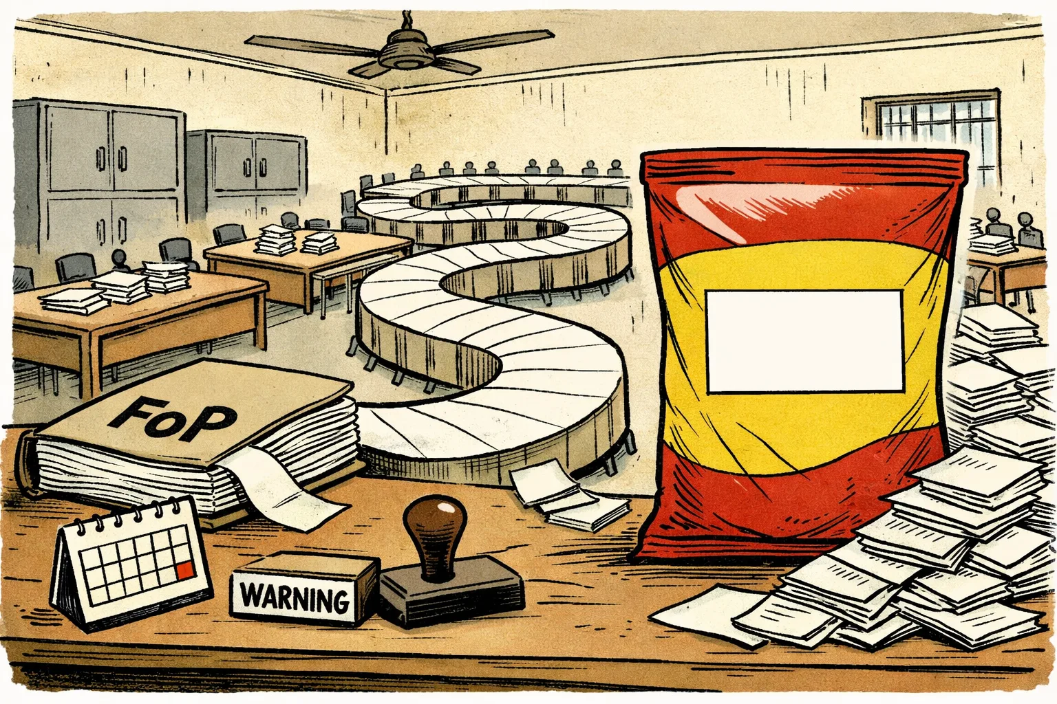 A large packet of brightly coloured packaged snacks sits on a desk with a blank warning panel on its front, while a thick file labelled ‘front-of-pack’ travels through a maze of committee tables and meeting chairs in the background.