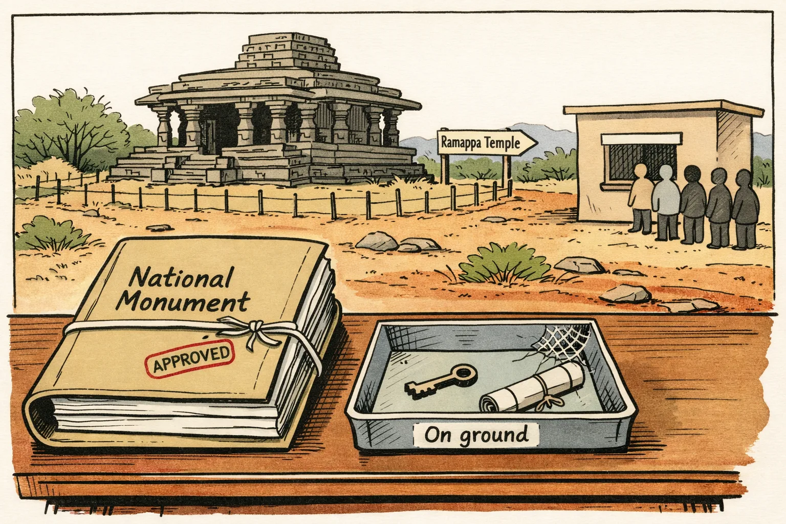 A stamped national-monument file sits on a desk beside an empty tray marked for on-ground work, while Gollala Gudi and a waiting heritage-site window appear in the Palampet landscape.